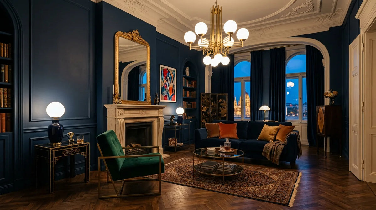 Art deco csillár sárgaréz és opálüveg budapesti nappaliban Kép