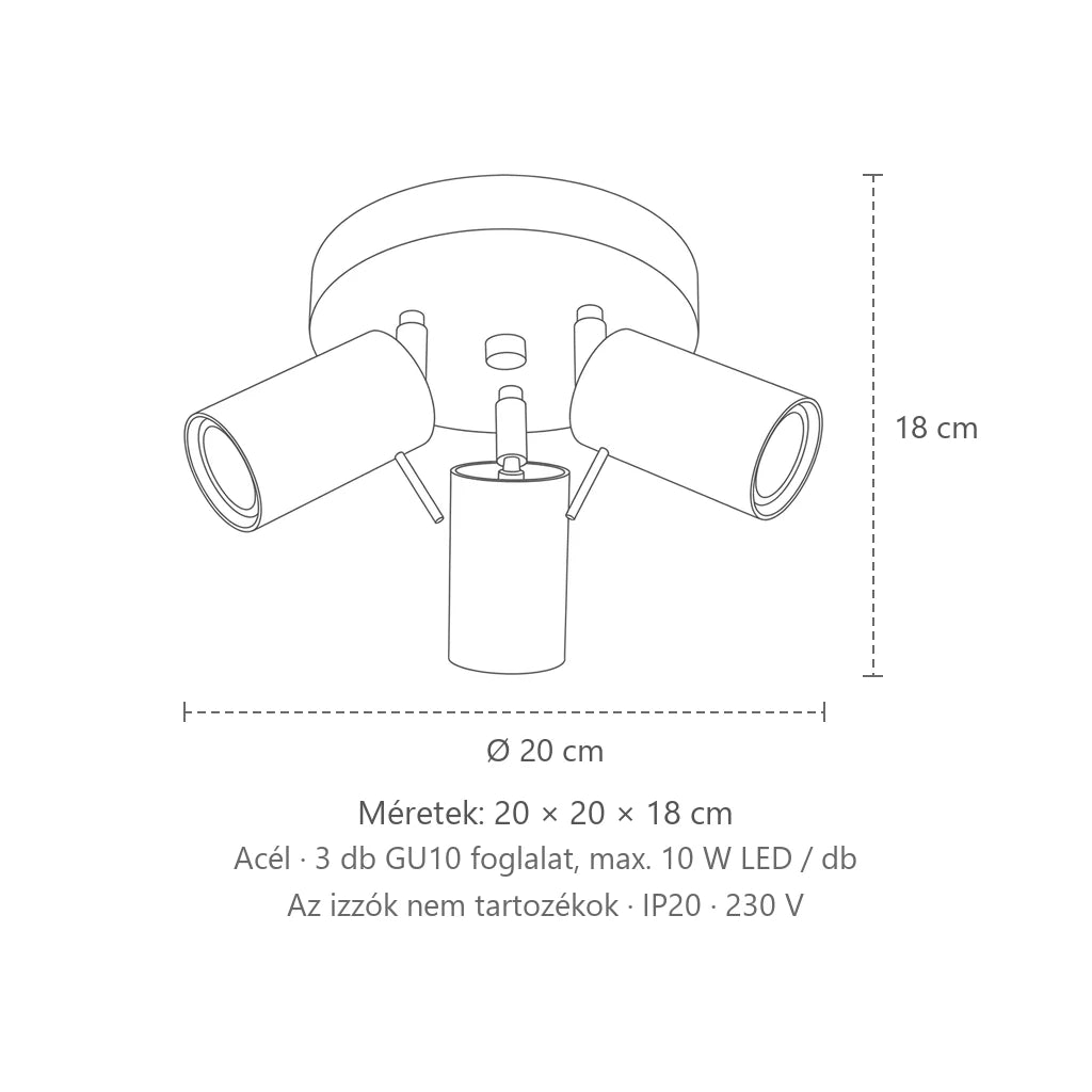 3 billenthető spotos mennyezeti lámpa kerek talppal méretei: 20 × 20 × 18 cm