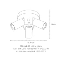 3 billenthető spotos mennyezeti lámpa kerek talppal méretei: 20 × 20 × 18 cm