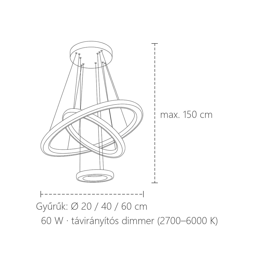 Háromgyűrűs kristály LED csillár méretei: Ø 20–60 cm, max. 150 cm