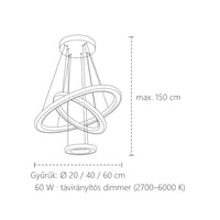 Háromgyűrűs kristály LED csillár méretei: Ø 20–60 cm, max. 150 cm