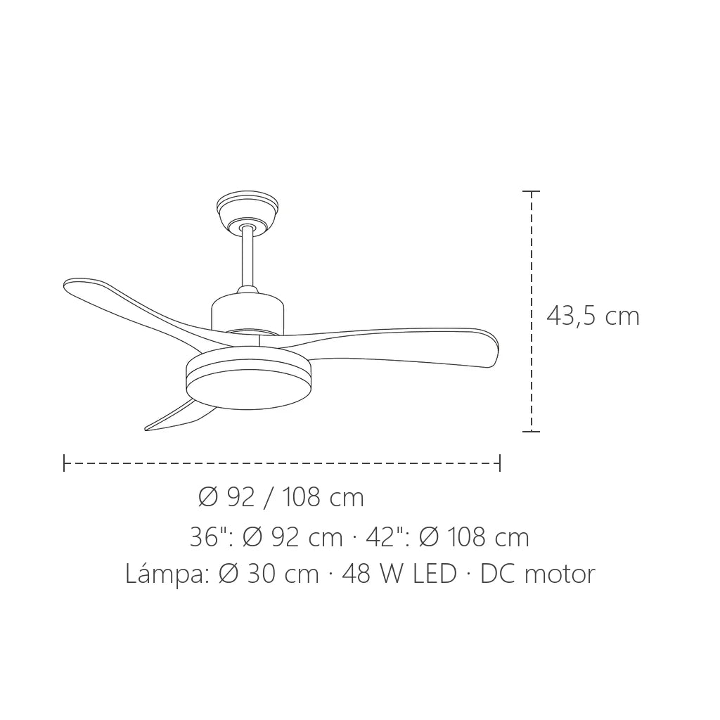 3 lapátos mennyezeti ventilátor méretei: Ø 92 vagy 108 cm, 43,5 cm magas