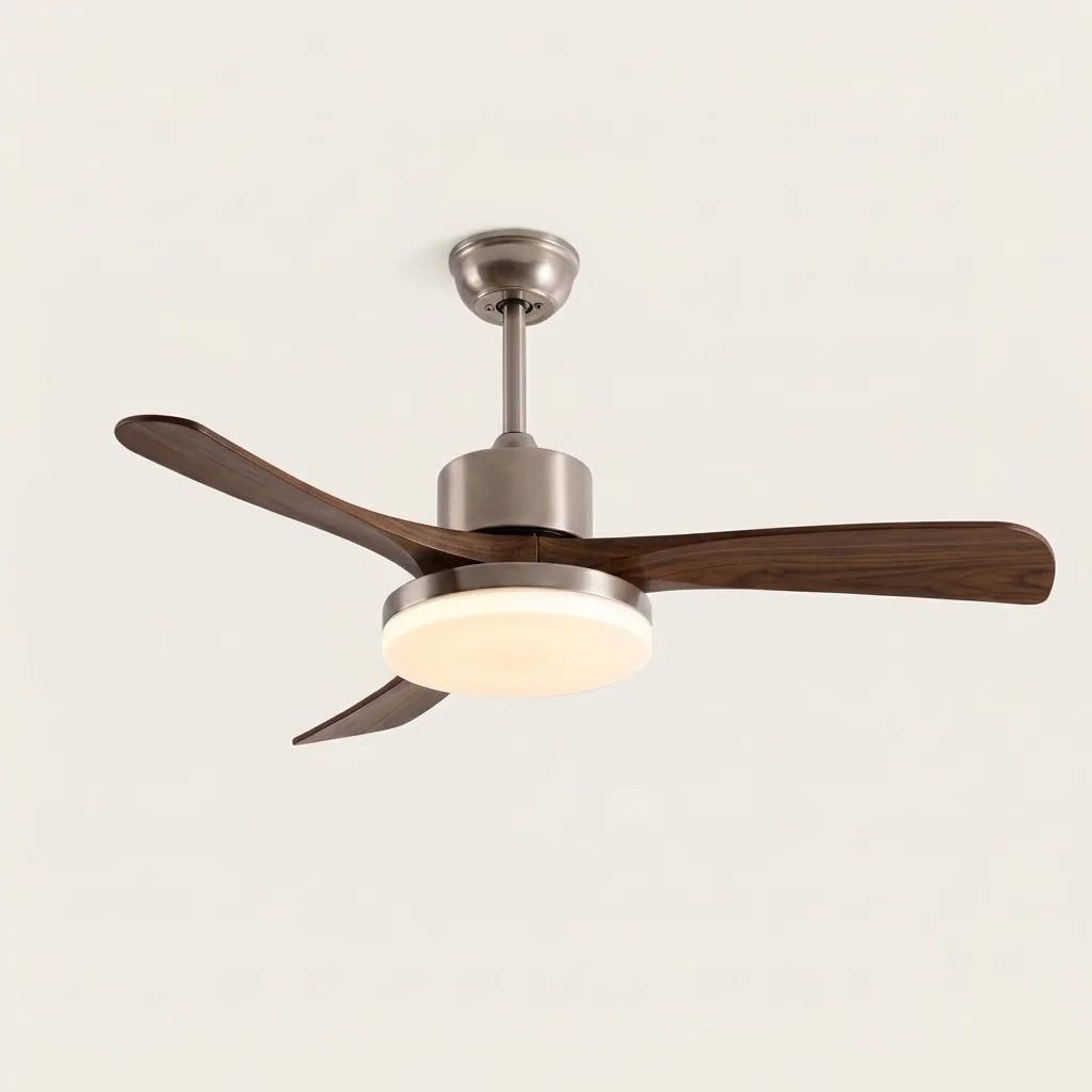 3 lapátos mennyezeti ventilátor homok-nikkel színben, sötét fa lapátokkal
