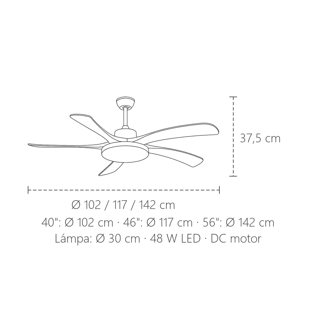 5 lapátos mennyezeti ventilátor méretei: Ø 102–142 cm, 37,5 cm magas