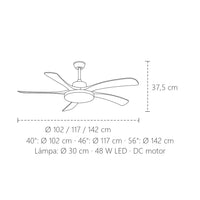 5 lapátos mennyezeti ventilátor méretei: Ø 102–142 cm, 37,5 cm magas