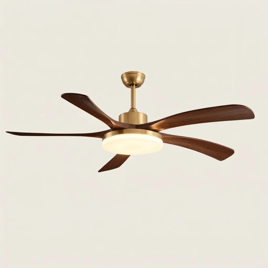5 lapátos mennyezeti ventilátor arany színben, dió lapátokkal