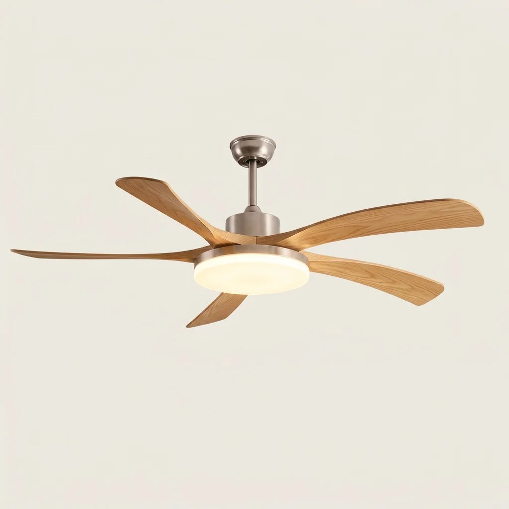 5 lapátos mennyezeti ventilátor homok-nikkel színben, világos fa lapátokkal