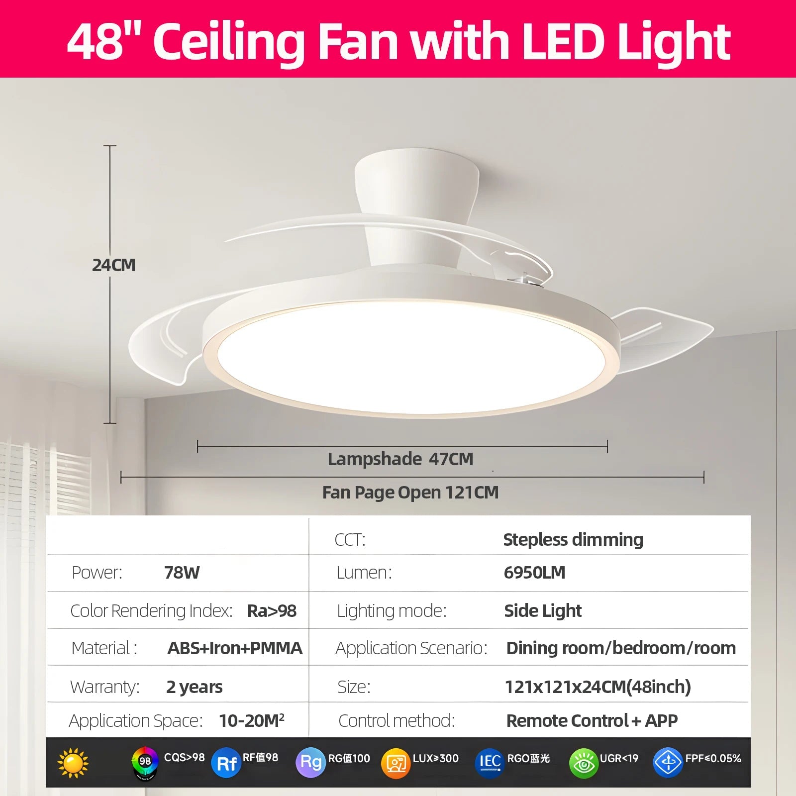 Láthatatlan Mennyezeti Ventilátor Lámpával – DC Motor, APP és Távirányítós Dimmer