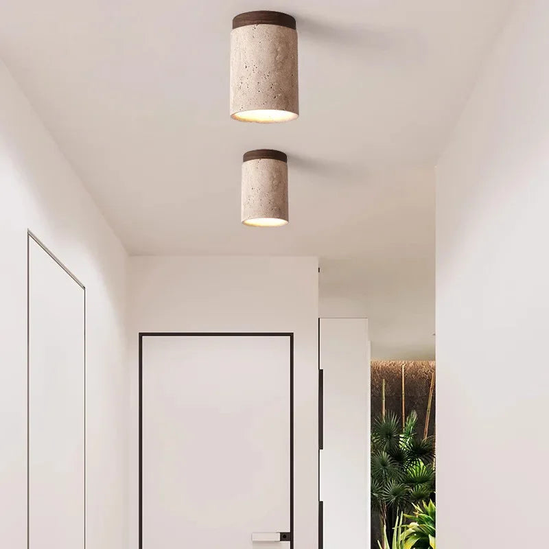 Travertin Mennyezeti Lámpa – Flush Mount Fa és Kő LED Folyosóra