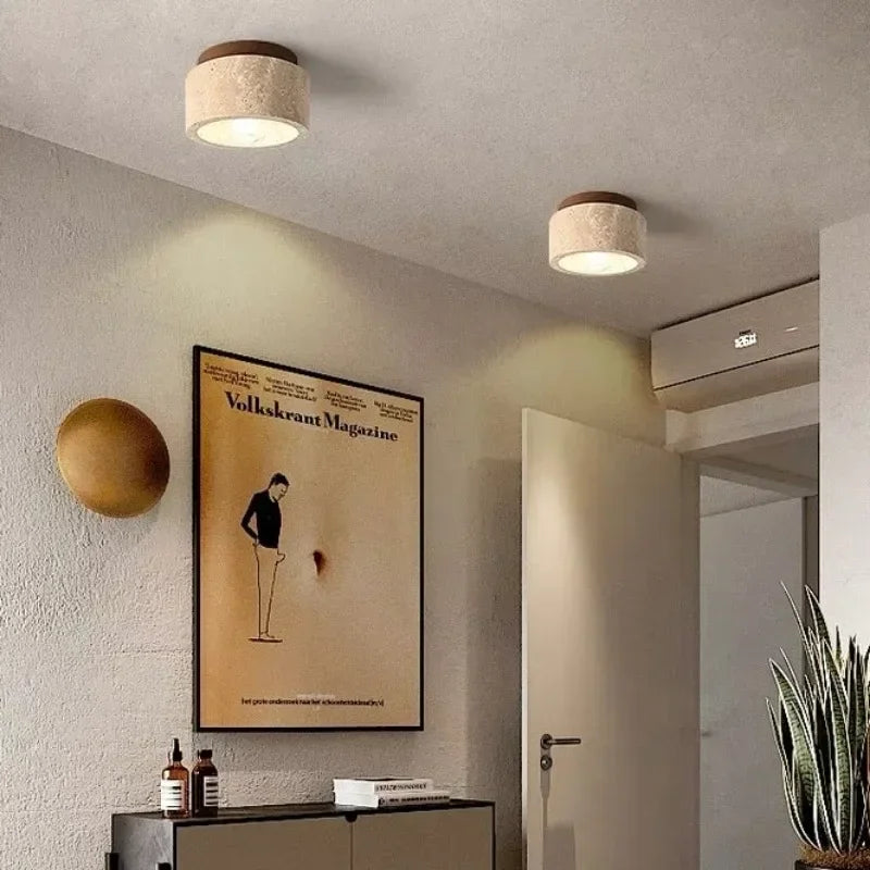 Travertin Mennyezeti Lámpa – Flush Mount Fa és Kő LED Folyosóra