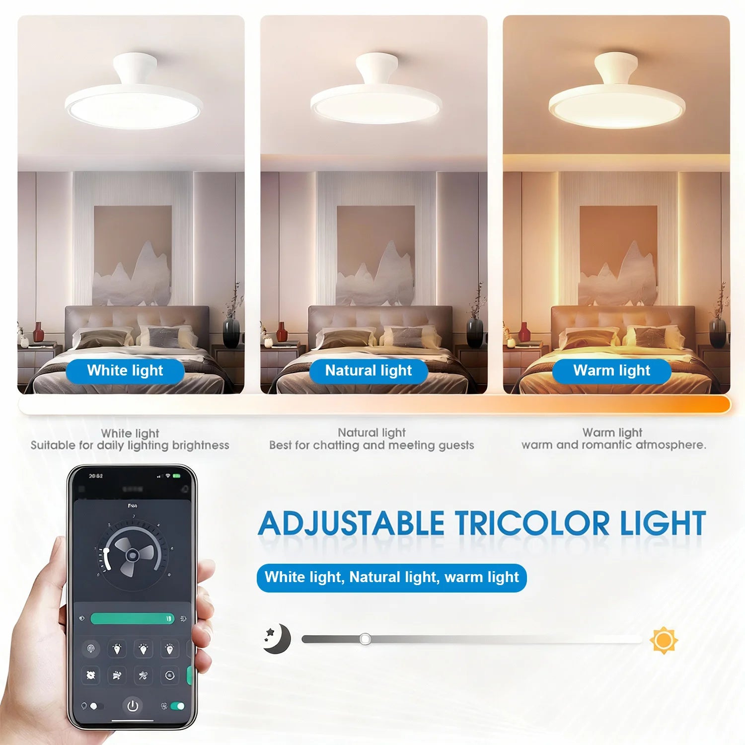 Láthatatlan Mennyezeti Ventilátor Lámpával – DC Motor, APP és Távirányítós Dimmer