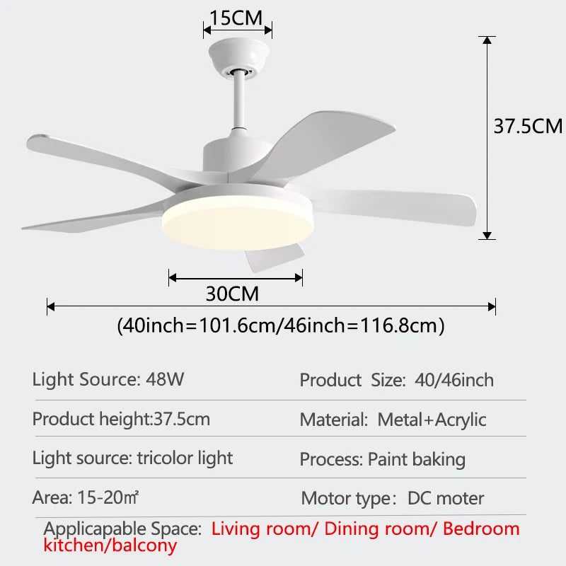 5 Lapátos DC Mennyezeti Ventilátor Lámpával – 48W LED, Nagy Nappaliba
