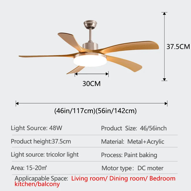 5 Lapátos DC Mennyezeti Ventilátor Lámpával – 48W LED, Nagy Nappaliba