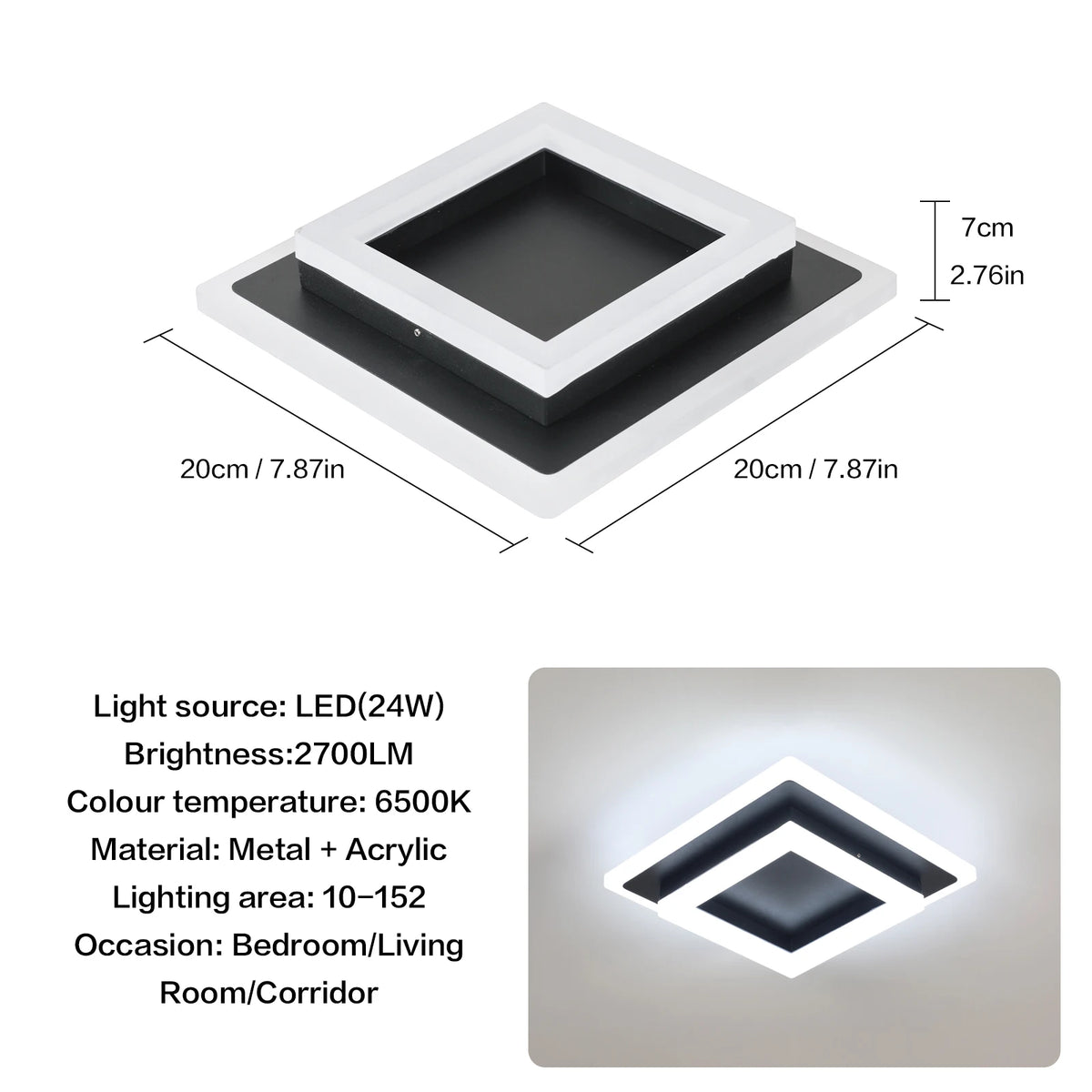Négyzetes Akril LED Mennyezeti Lámpa – 20 cm 24W Hálószobába