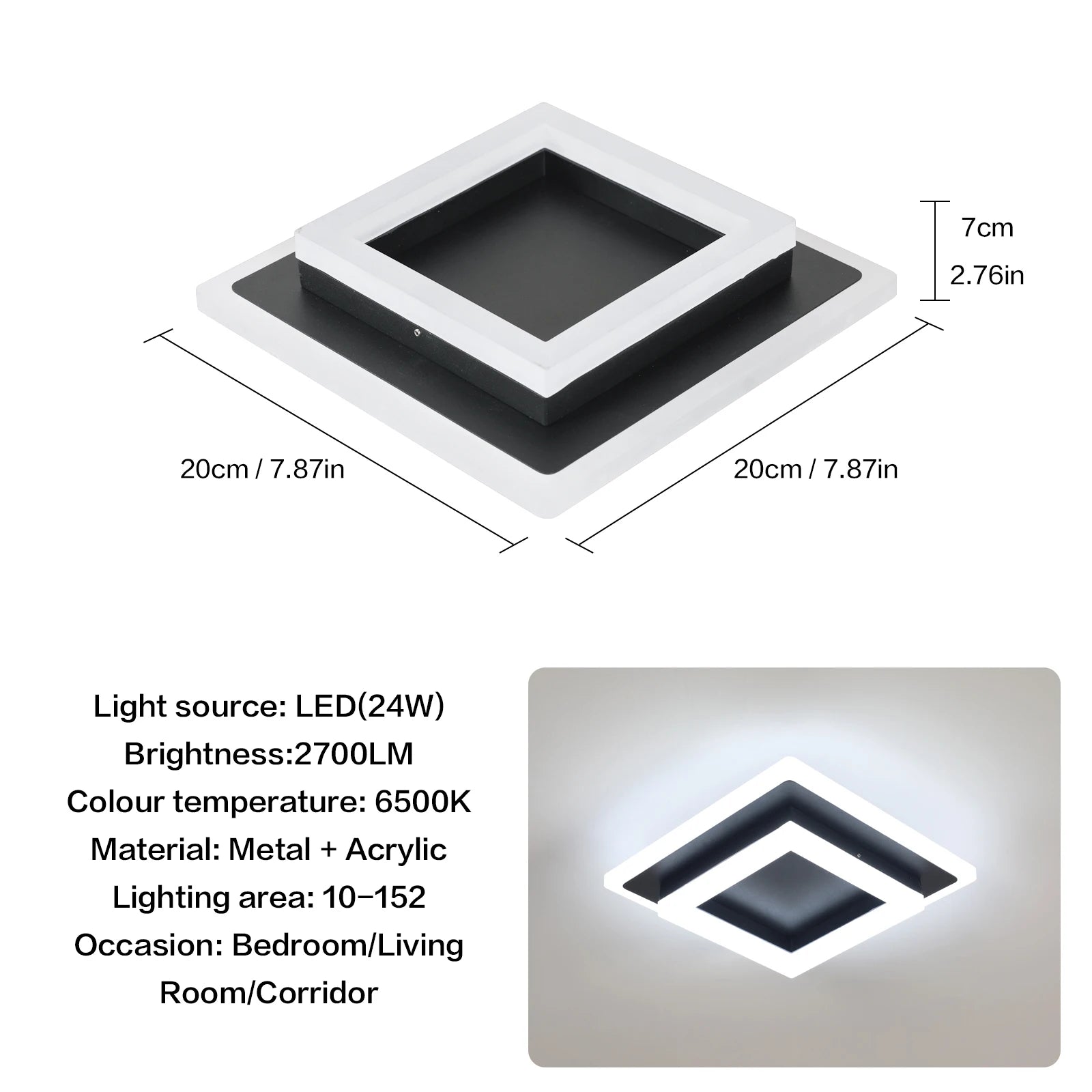 Négyzetes Akril LED Mennyezeti Lámpa – 20 cm 24W Hálószobába