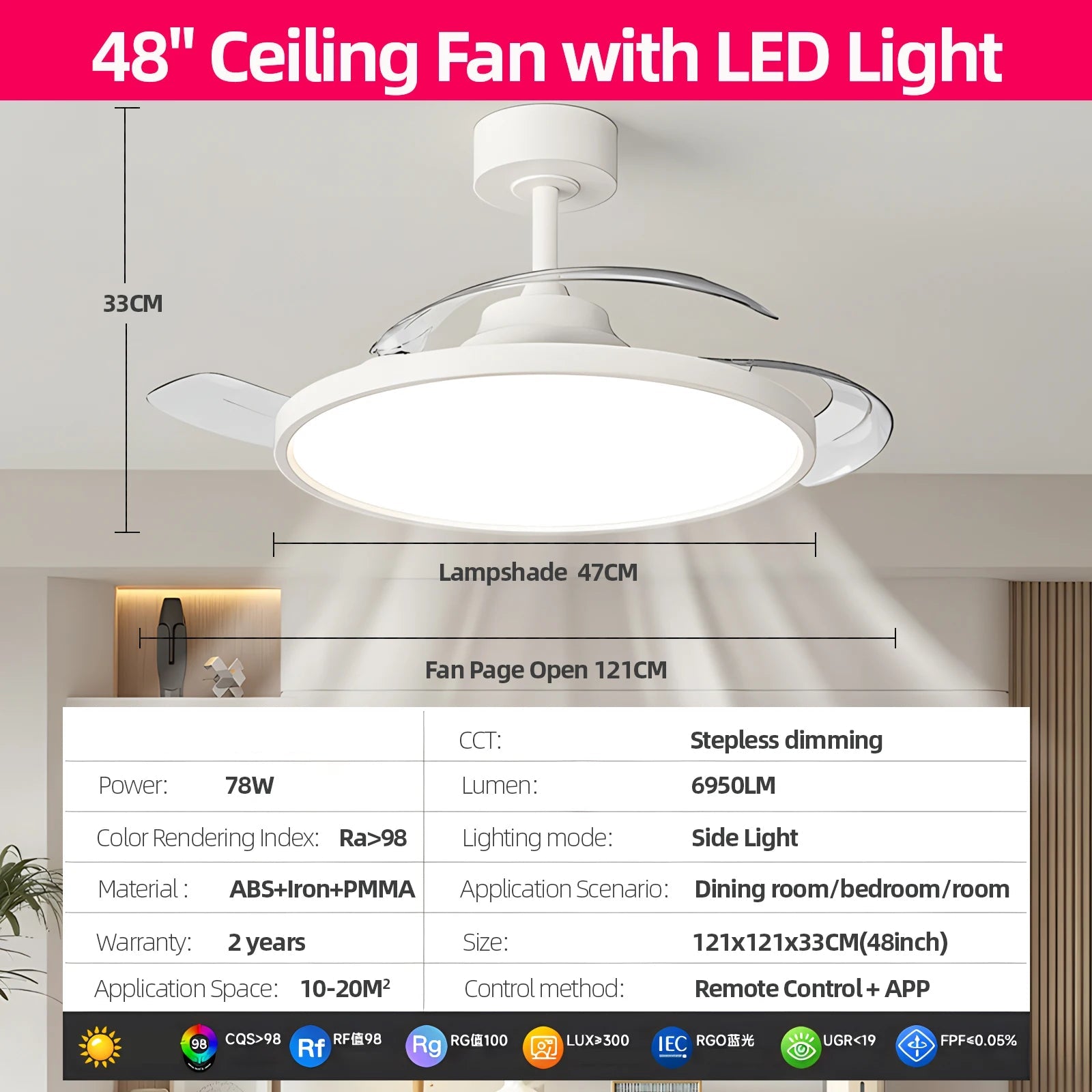 Láthatatlan Mennyezeti Ventilátor Lámpával – DC Motor, APP és Távirányítós Dimmer