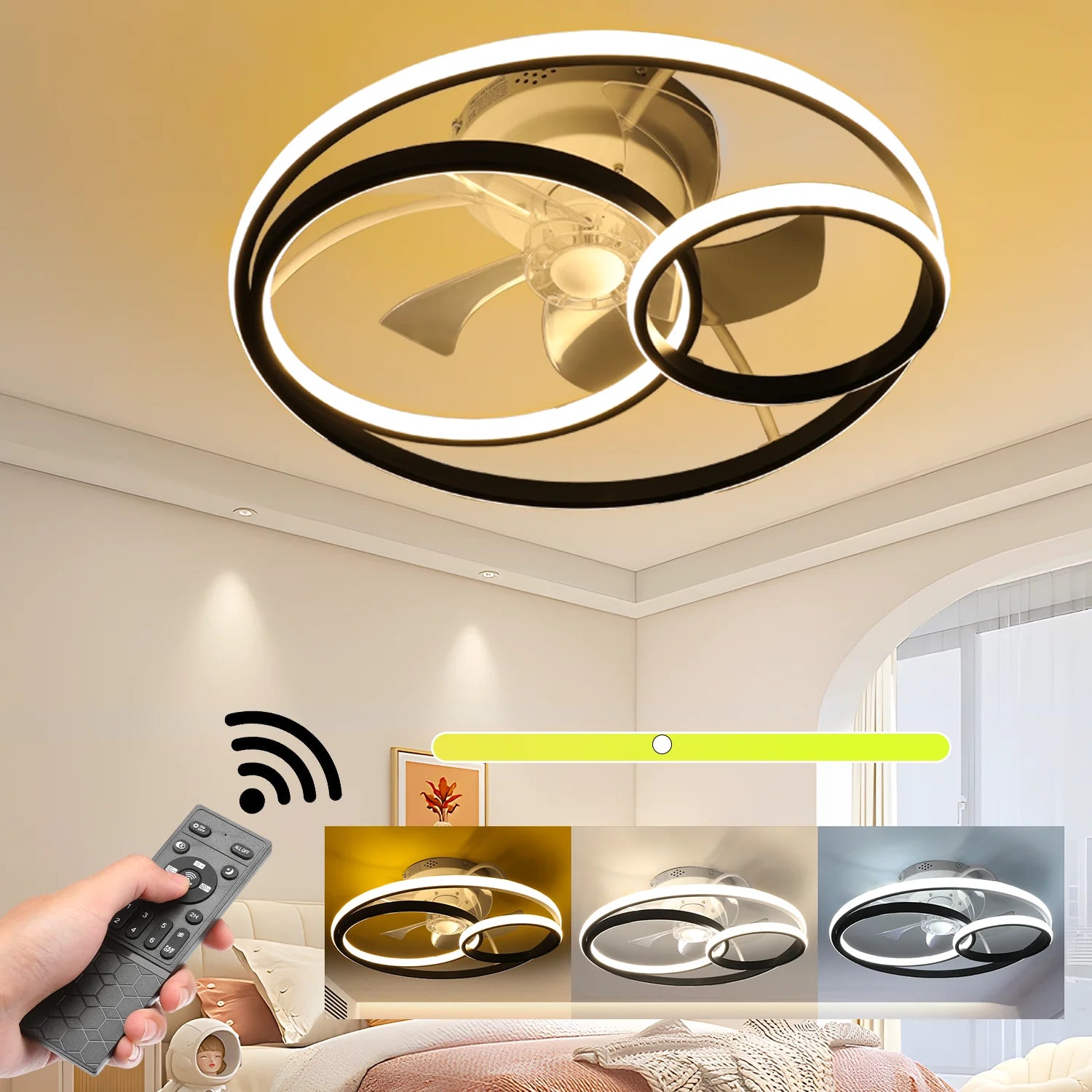 Kerek Mennyezeti Ventilátor LED Lámpával – 50W, Ø50cm, Dimmelhető Távirányítóval
