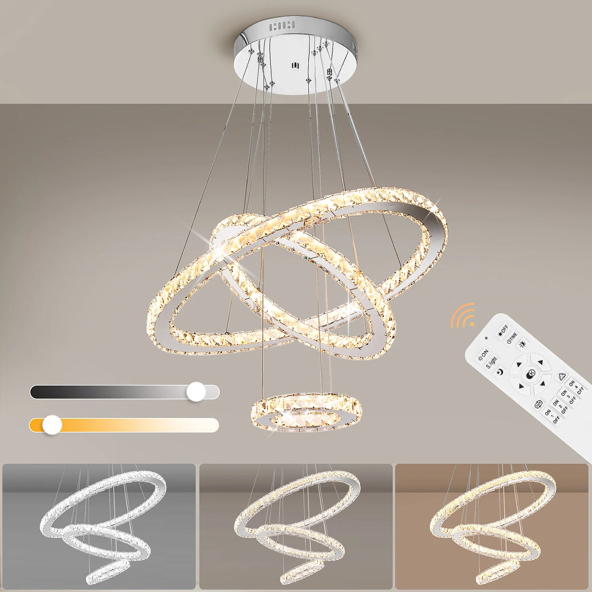 3 Gyűrűs Kristály LED Csillár – 60W Dimmelhető Nappaliba és Hálószobába