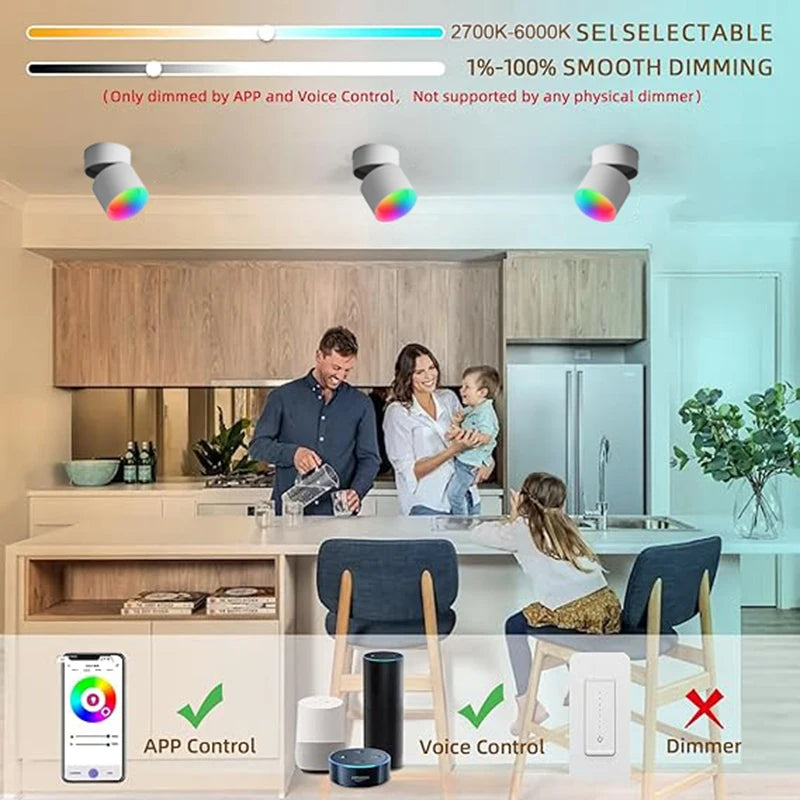 Okos RGBCCT LED Mennyezeti Spotlámpa – 360° Forgatható, Alexa és Google Kompatibilis