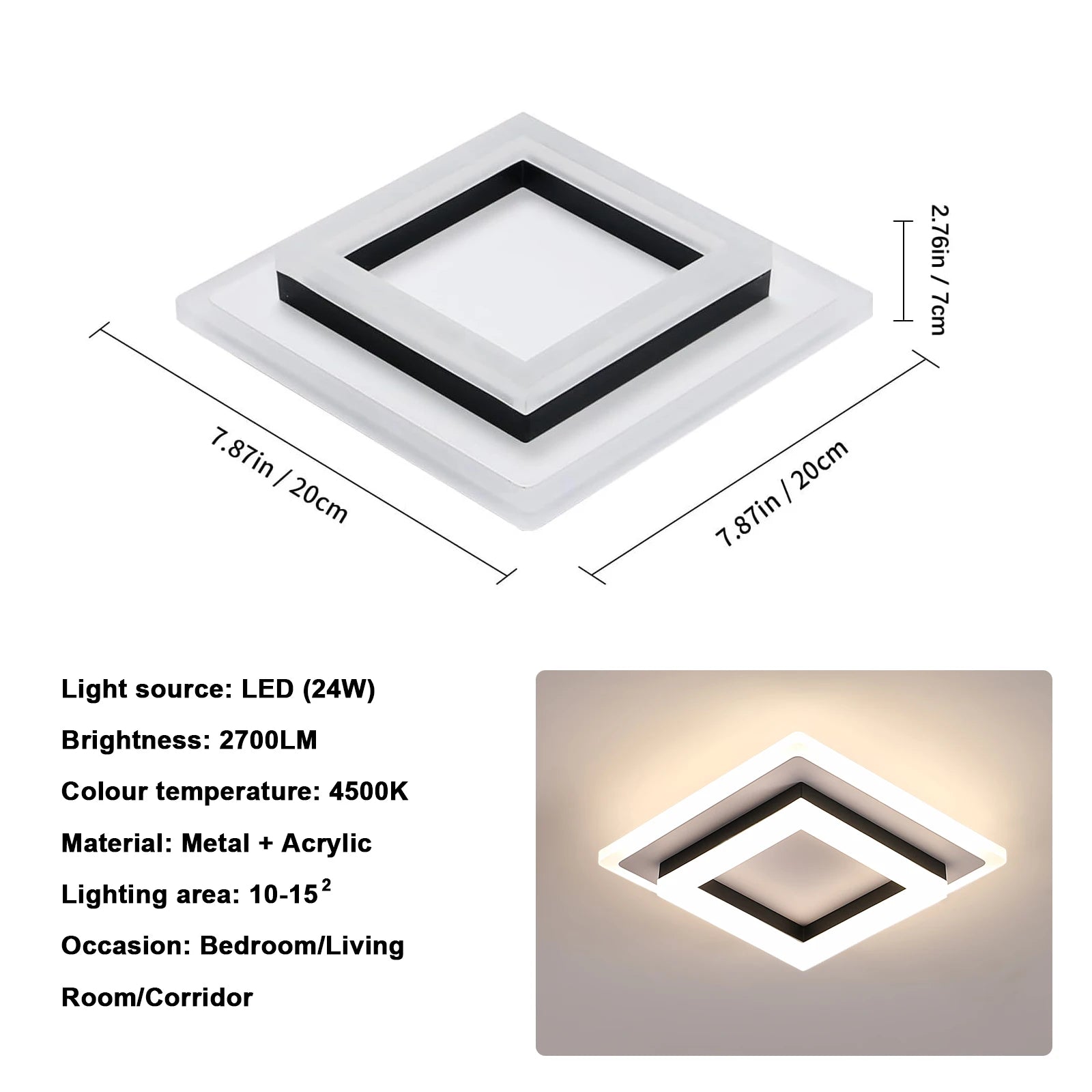 Négyzetes Akril LED Mennyezeti Lámpa – 20 cm 24W Hálószobába