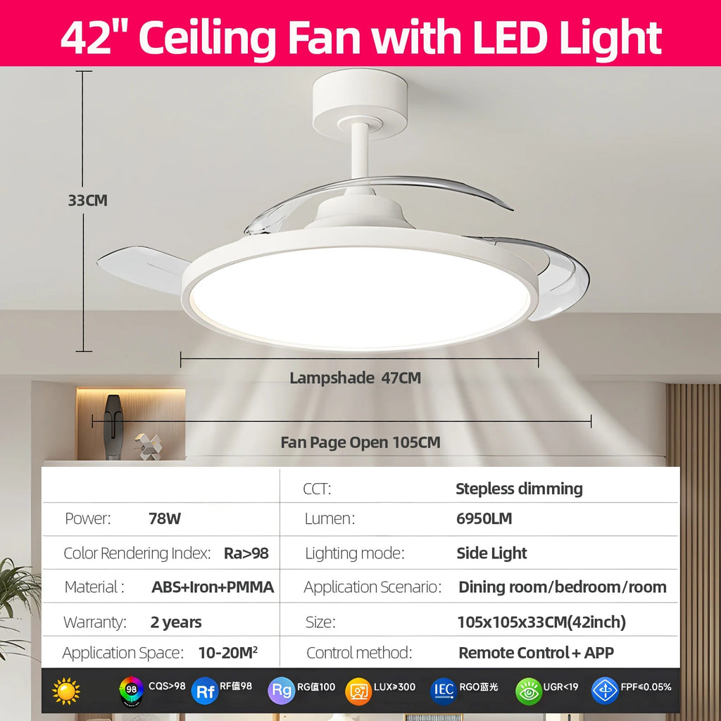 Láthatatlan Mennyezeti Ventilátor Lámpával – DC Motor, APP és Távirányítós Dimmer