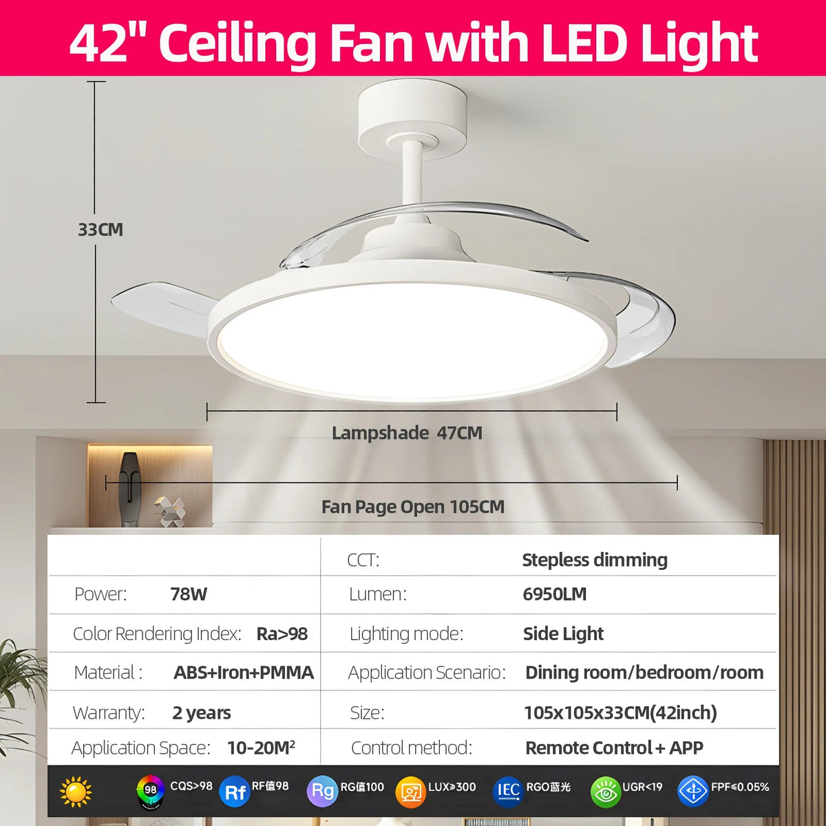 Láthatatlan Mennyezeti Ventilátor Lámpával – DC Motor, APP és Távirányítós Dimmer