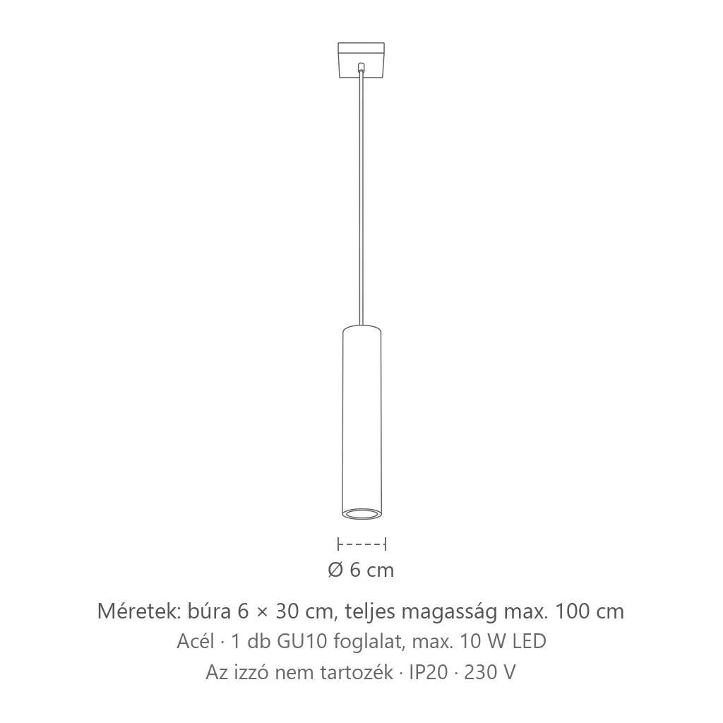 Acél csőspot függőlámpa méretei (1 izzós): búra 6 × 30 cm, teljes magasság max. 100 cm