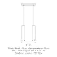 Acél csőspot függőlámpa méretei (2 izzós – 30 cm-es sín): búra 6 × 30 cm, teljes magasság max. 90 cm