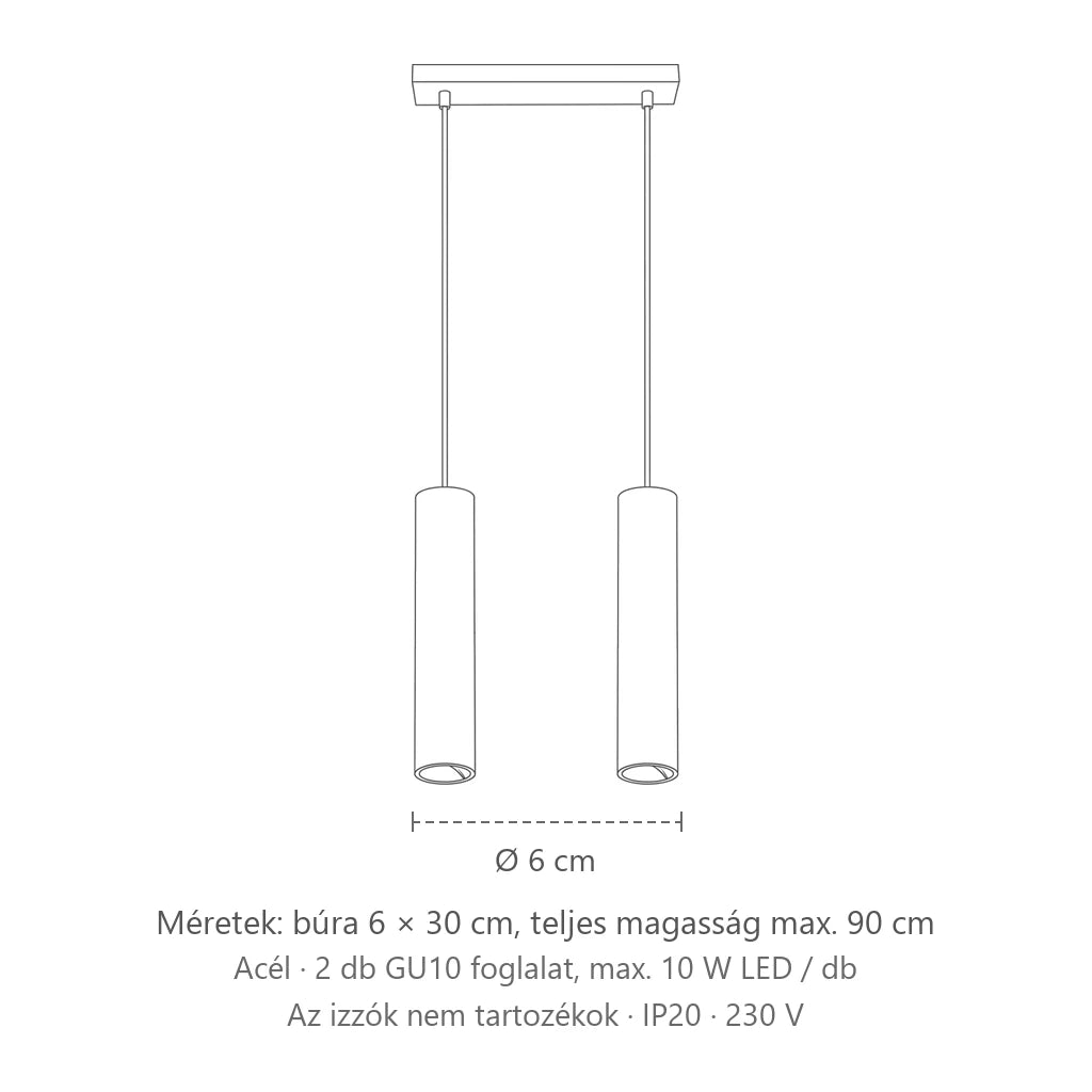 Acél csőspot függőlámpa méretei (2 izzós – 30 cm-es sín): búra 6 × 30 cm, teljes magasság max. 90 cm