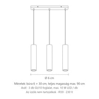 Acél csőspot függőlámpa méretei (3 izzós – 45 cm-es sín): búra 6 × 30 cm, teljes magasság max. 90 cm