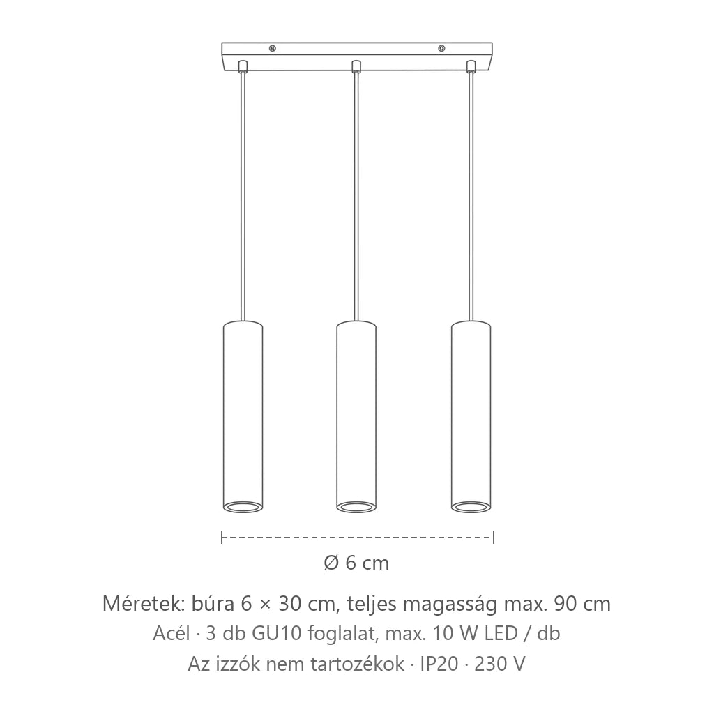 Acél csőspot függőlámpa méretei (3 izzós – 45 cm-es sín): búra 6 × 30 cm, teljes magasság max. 90 cm