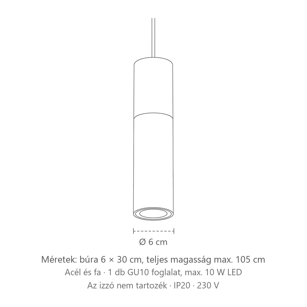 Acél és fa cső függőlámpa méretei (1 izzós): búra 6 × 30 cm, teljes magasság max. 105 cm