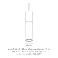 Acél és fa cső függőlámpa méretei (1 izzós): búra 6 × 30 cm, teljes magasság max. 105 cm