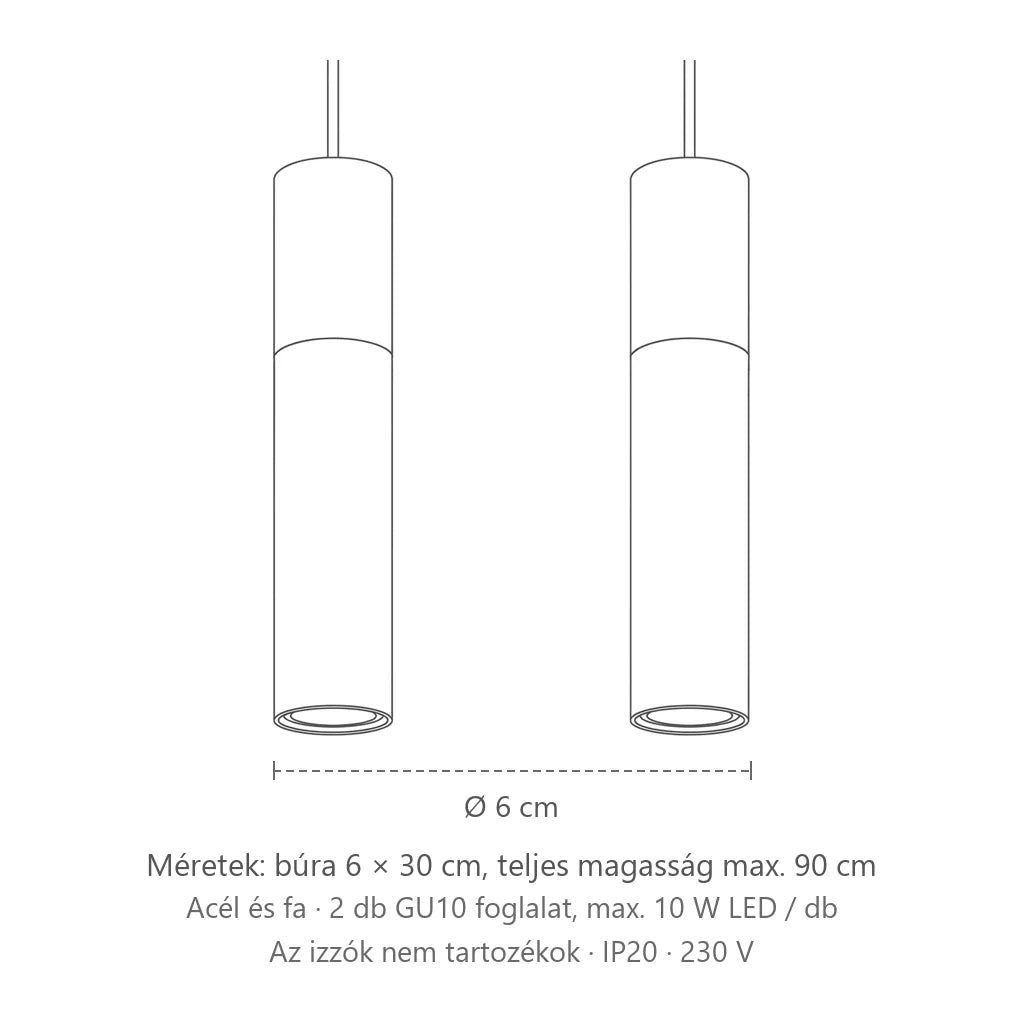 Acél és fa cső függőlámpa méretei (2 izzós): búra 6 × 30 cm, teljes magasság max. 90 cm
