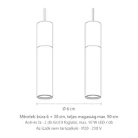 Acél és fa cső függőlámpa méretei (2 izzós): búra 6 × 30 cm, teljes magasság max. 90 cm