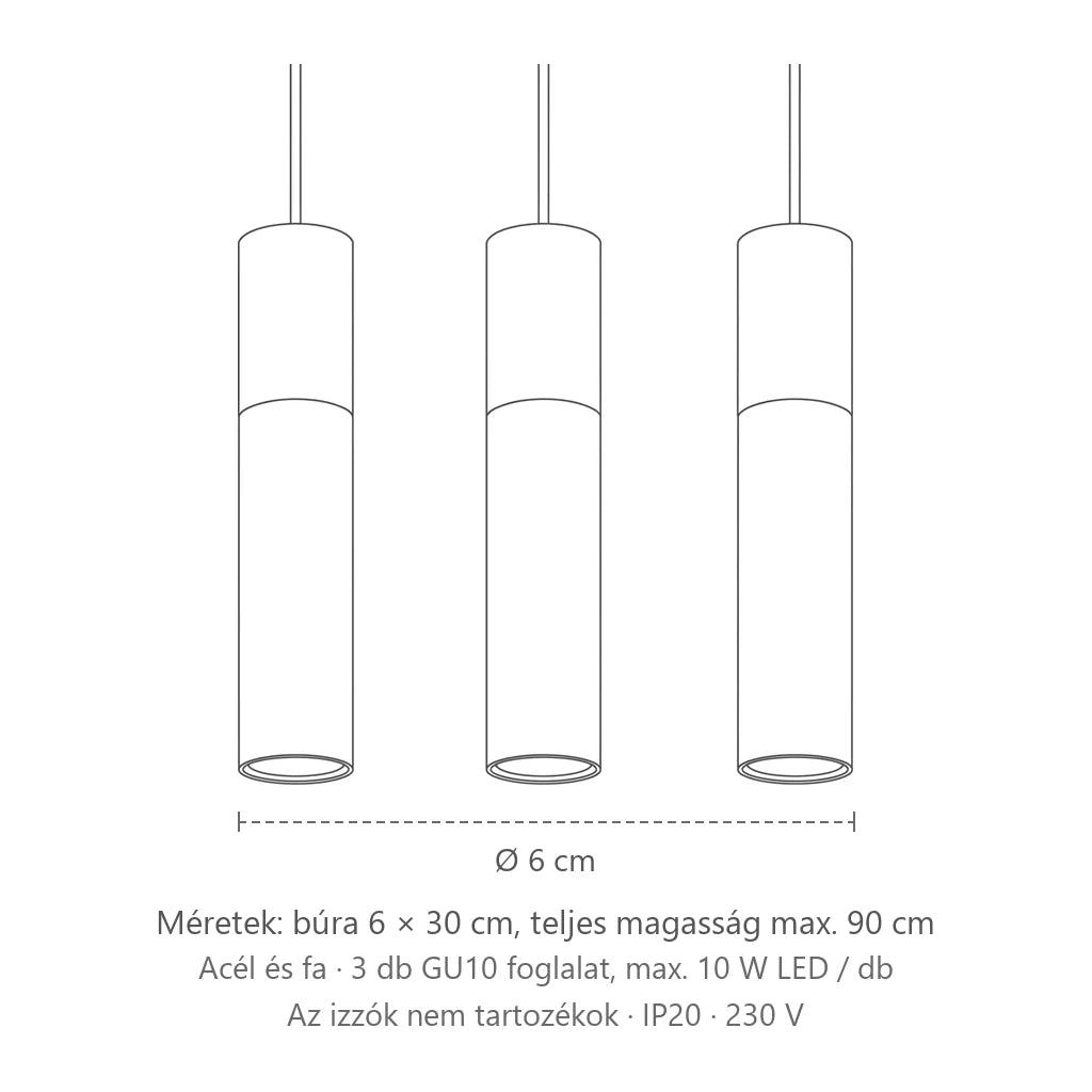Acél és fa cső függőlámpa méretei (3 izzós): búra 6 × 30 cm, teljes magasság max. 90 cm