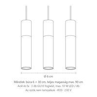 Acél és fa cső függőlámpa méretei (3 izzós): búra 6 × 30 cm, teljes magasság max. 90 cm