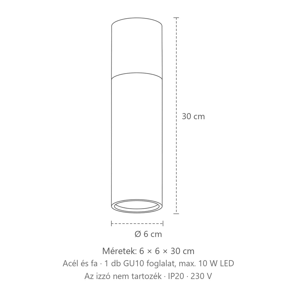 Acél és fa cső mennyezeti spotlámpa méretei: 6 × 6 × 30 cm