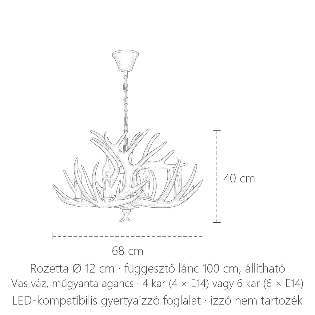Agancs csillár méretei: 68 cm széles, 40 cm magas