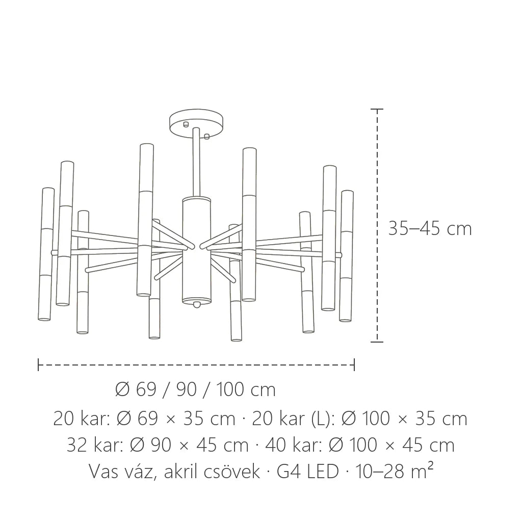 Csöves csillár méretei: Ø 69–100 cm, 35–45 cm magas