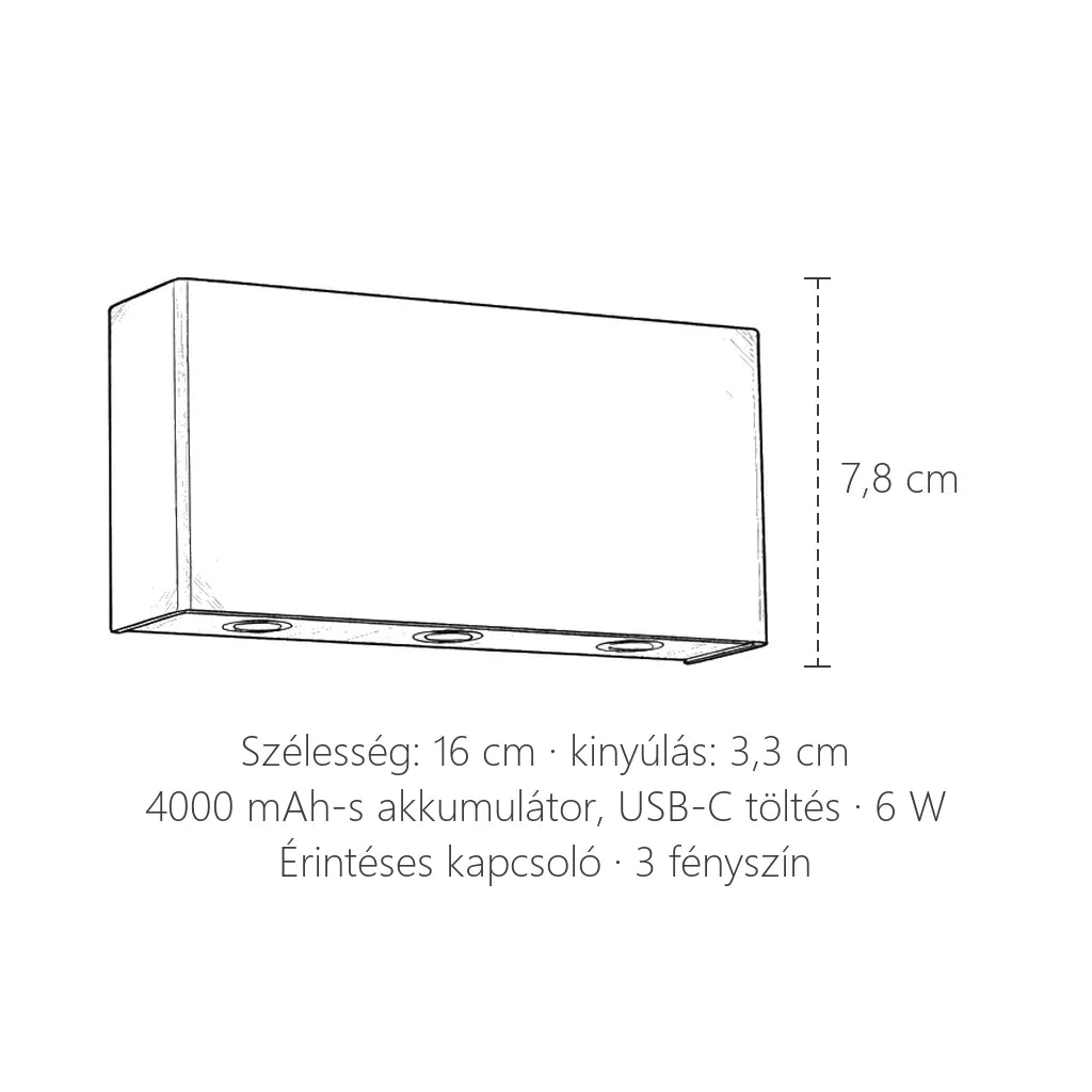 Akkus érintős LED fali lámpa méretei: 16 cm széles, 7,8 cm magas