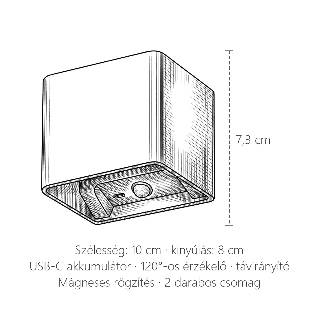 Akkus mozgásérzékelős fali lámpa méretei: 10 × 7,3 × 8 cm