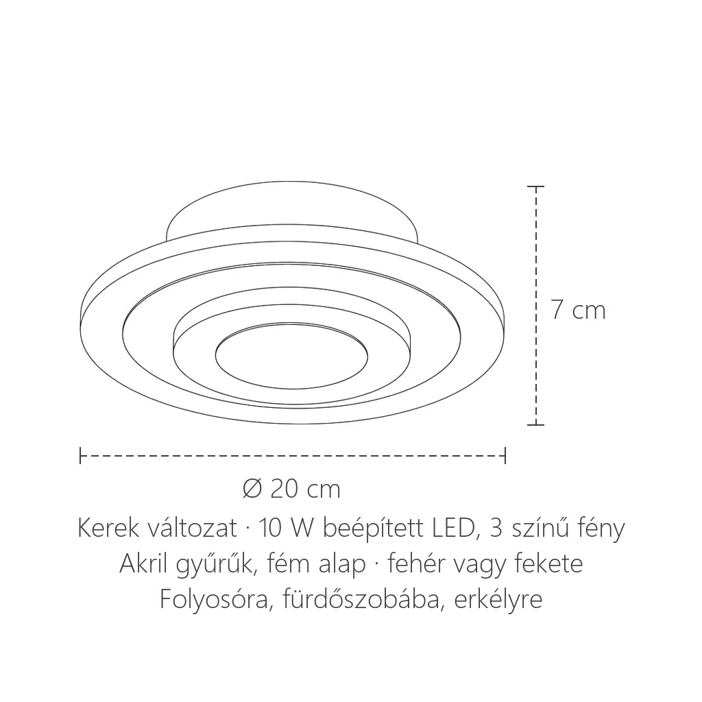 Kerek LED lámpa méretei: Ø 20 cm, 7 cm magas