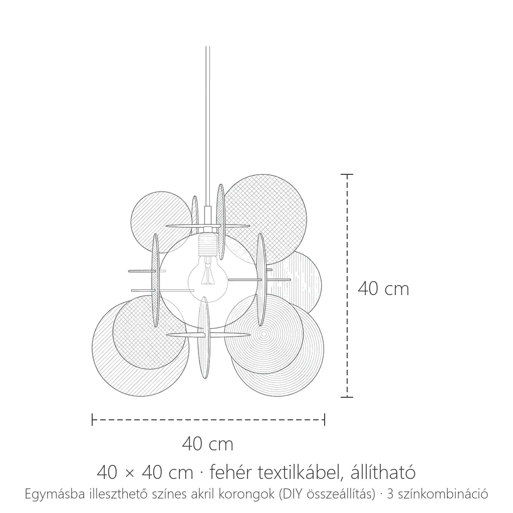 Akril korong lámpa méretei: 40 × 40 cm
