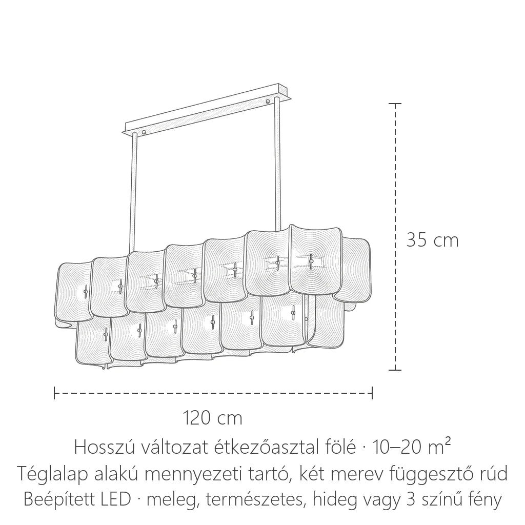 Hosszú csillár méretei: 120 cm, 35 cm magas