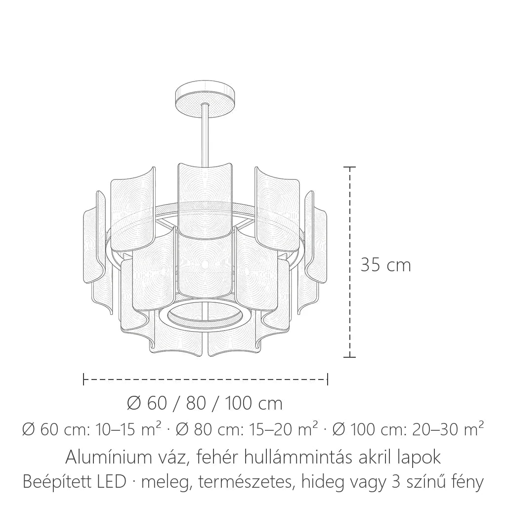 Kerek csillár méretei: Ø 60 / 80 / 100 cm, 35 cm magas