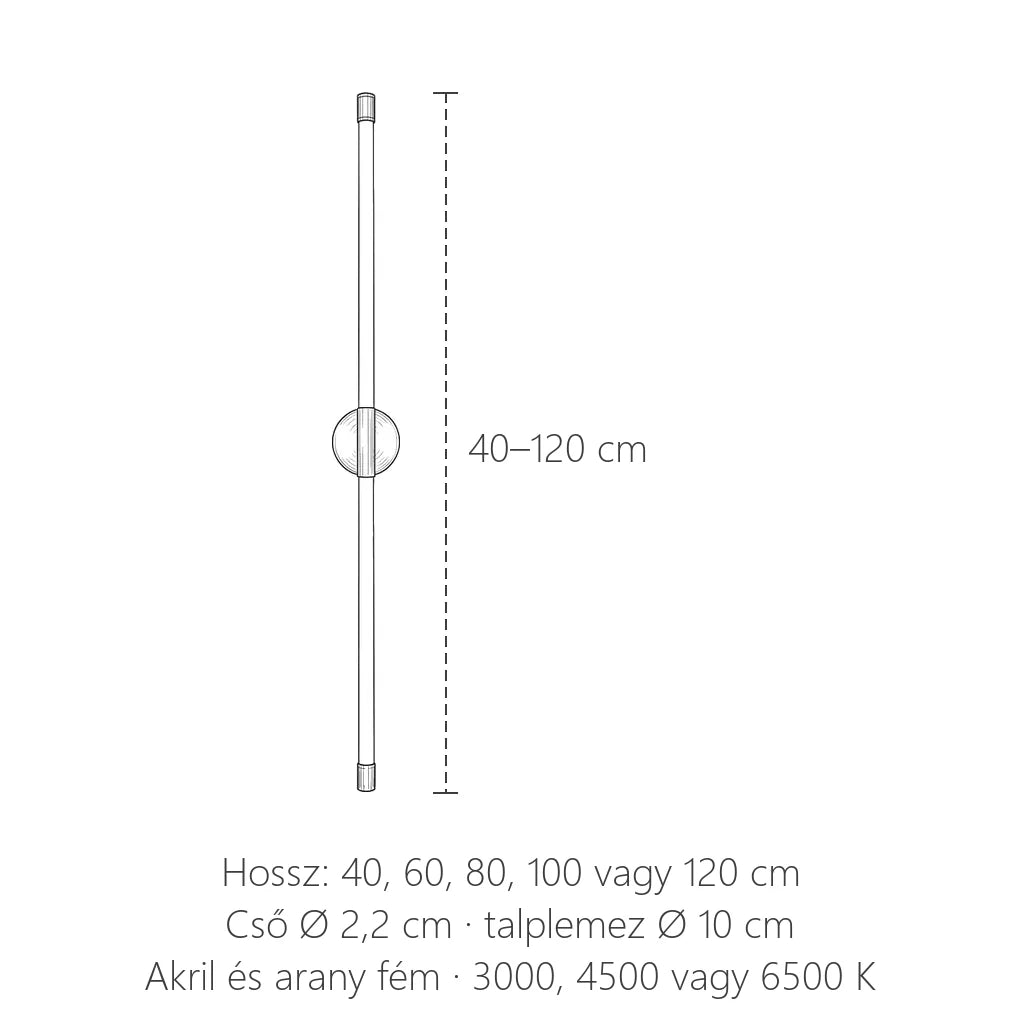 Akril LED cső fali lámpa méretei: 40–120 cm hosszú, Ø 2,2 cm
