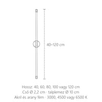 Akril LED cső fali lámpa méretei: 40–120 cm hosszú, Ø 2,2 cm