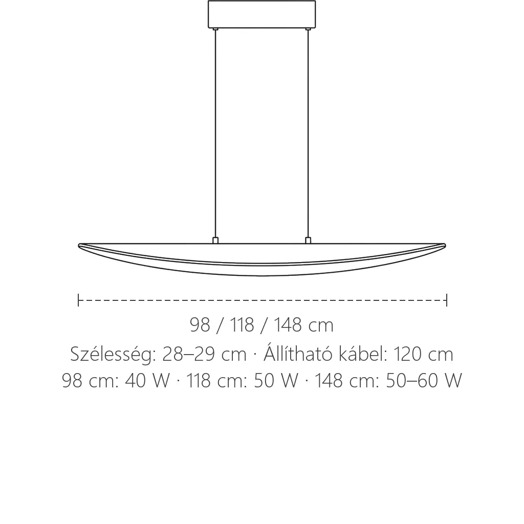 Akril levél függő lámpa méretei: 98, 118 vagy 148 cm hosszú
