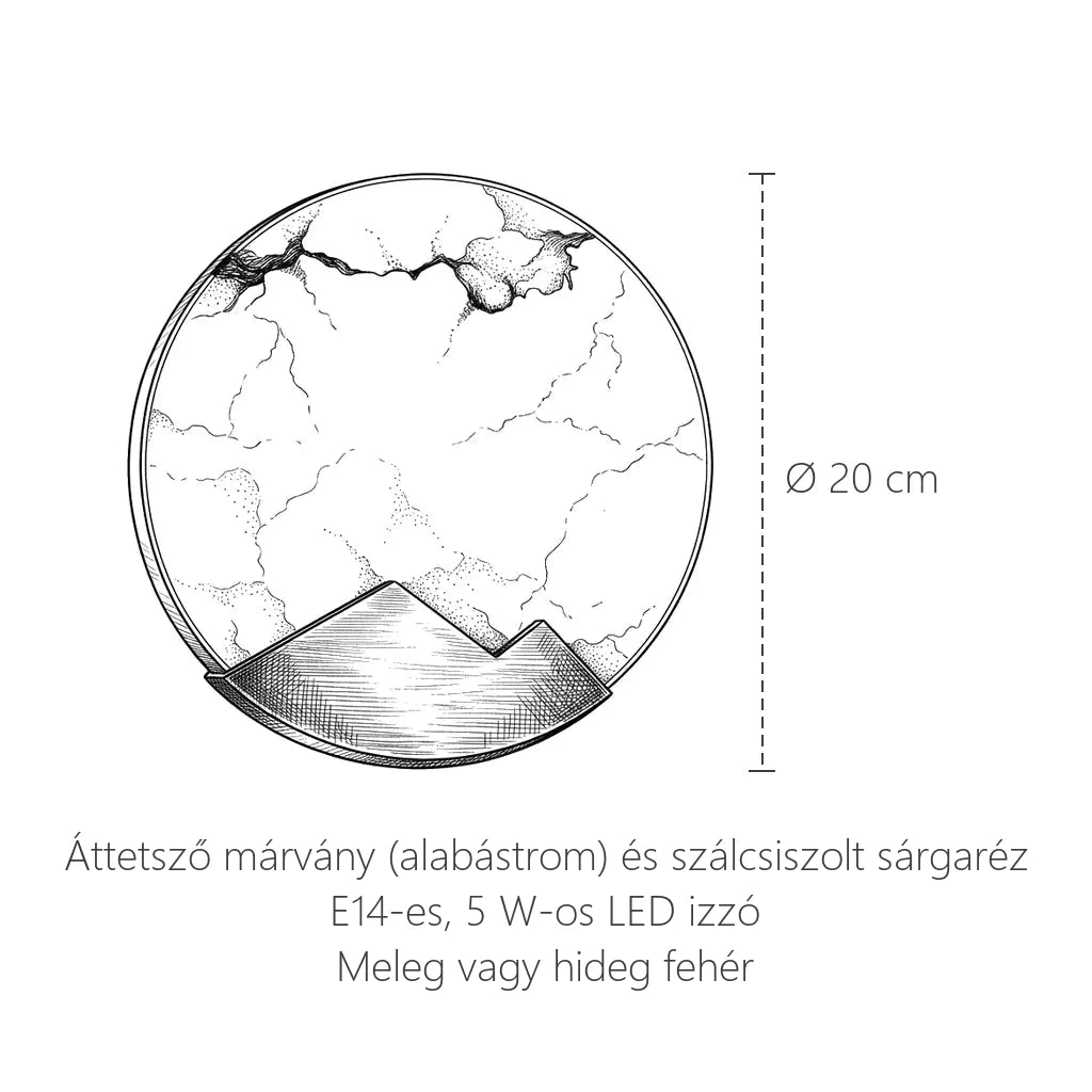 Alabástrom korong fali lámpa sárgaréz heggyel, méretek: Ø 20 cm